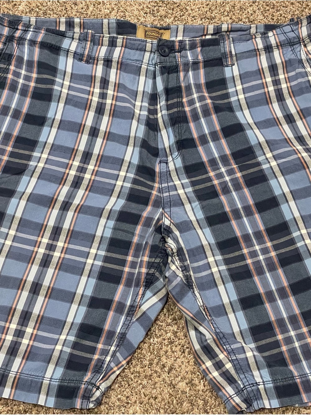 The Foundry Supply Co. Men's Plaid Flat Front Cargo Shorts in Blues and Orange